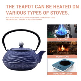 SECHUDO Cast Iron Teapot Tea Kettle with Stainless Steel Infuser for Stovetop Safe Coated with Enameled Interior Japanese Dark Blue Tetsubin for Loose Tea(30.4oz/900ml)