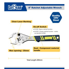 LABEAR- 8 Inch long x 1inch(25mm) Adjustable Ratchet Wrench