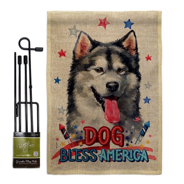 Patriotic Alaskan Malamute Burlap Garden Flag Set with Stand Animals