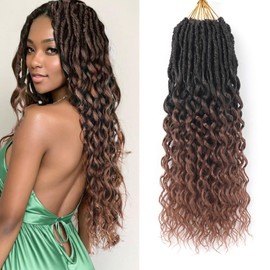 Pre-Looped Goddess Faux Locs Crochet Hair for Black Women-8 Packs 18 Inch T30 Color Faux Locs Hair With Deep Wave Curly Ends Soft Synthetic Prelooped Loose Wavy Braids|Lightweight(18",T1B/30#)