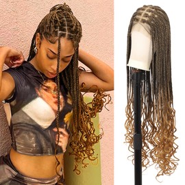 Youthfee 36" Box Braided Wig for Women HD Full Lace Braided Wigs with Water Wavy Loose Curls End Knotless Braid Lace Front Wig with Baby Hair Synthetic Braids wig