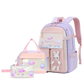 3Pcs Kawaii Bunny Kids Backpack Set for Girls with Lunch Bag and Pencil Case, Girls School Bag Rucksack for Kids School, Purple-L