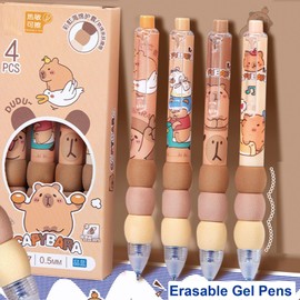 MOZXIRZ 4 Pcs Erasable Gel Pens Erasable Retractable Pens Cute Pens Cartoon Capybara Pens 0.5mm Black Ink Pen Office School Pens Women Girls Boys Pens (Black Ink-Capybara)