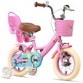Glerc Maggie Girls Bike, 12 Inch Kids Bike for 2-4 Years Old Children, Princess Style Toddler Bike with Doll-Seat & Basket & Training Wheels, Pink