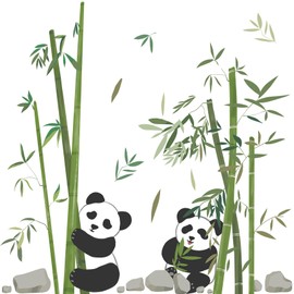 DRWSSR Panda Eating Bamboo Wall Decal Cute Cartoon Panda Wall Stickers Living Room Bedroom Sofa TV Wall Decals Bamboo Green Plants Self Adhesive Removable DIY Art Decor Wall Stickers, 2 * 12x36inch