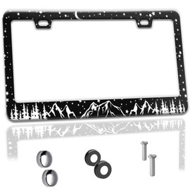 Star Moon Moutain License Plate Frame Cute Funny Black Aluminum License Plate Holder Car Tags Decorative Car Accessories with Screws for Women Men Fit Standard Us Canada Vehicles 12.3x6.3 inch