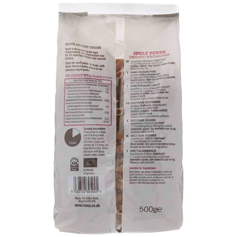 Biona Organic Wholegrain Spelt Penne, 500g