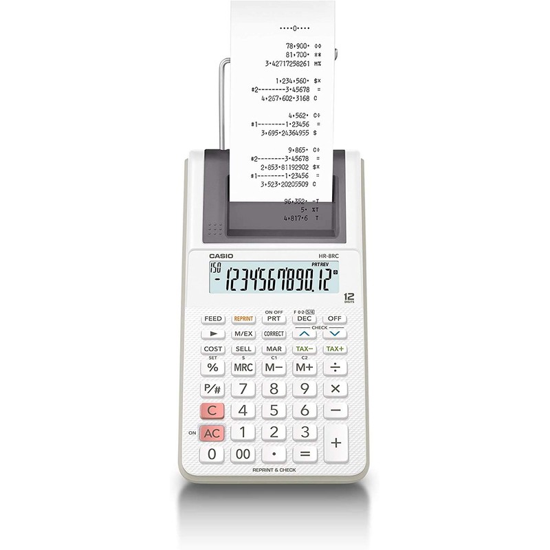Casio HR-8RC-WE Handy 12-Digit Printer Calculator