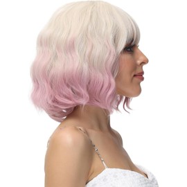 Short Curly Wigs for Women Beige Grey to Pink Wig Synthetic Hair Shoulder Length Wavy Bob Wig with Bangs