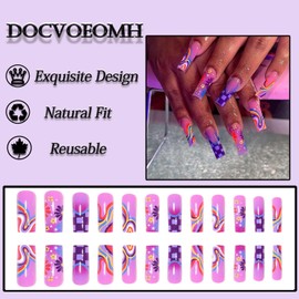DOCVOEOMH Purple Long Press on Nails Square Fake Nails with Daisy Flower Design Full Cover Acrylic False Stick Glue on Nails for Women and Girls 24PCS