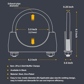 XIEKRAB 2Pcs Heavy-Duty 5.0 Inch Exhaust Clamps—Rust Proof Black Finish, Saddle-Style U-Bolt Clamps for Secure Pipe Connections