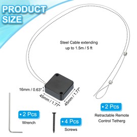 PATIKIL 5 ft Retractable Remote Control Tether, 2 Pack Security Cable Lanyard Lock with Double Sided Adhesive & Screw for TV Remote Control Gaming Controller, Black(Lock Buckles)