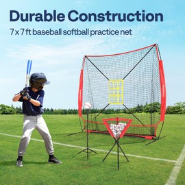 VIVOHOME Baseball Net, 7 x 7 ft Baseball Softball Hitting Net with Large Ball Collection System, Baseball Net for Batting and Pitching with 2 Strike Zone, Batting Tee, Carry Bag, Ball Caddy, Red