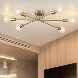 BrkNit Semi Flush Mount Ceiling Light, 6-Light Brass Modern Sputnik Chandeliers with E26 Base, Mid Century Industrial Vintage Farmhouse Kitchen Light Fixtures for Living Room Dining Room Bedroom
