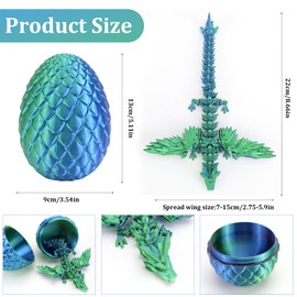WJMY Dragon Egg with Dragon, with Wings, 3D Printed Dragon Large, 22 cm Flexible Joints, Movable, Desk Decorations, Toys and Gifts for Adults and Children (Green)