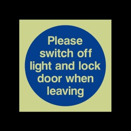 Please switch off light and lock door when leaving Photoluminescent Plastic Sign - Fire Escape, Keep Locked, Closed, Stairs, Clear, Automatic