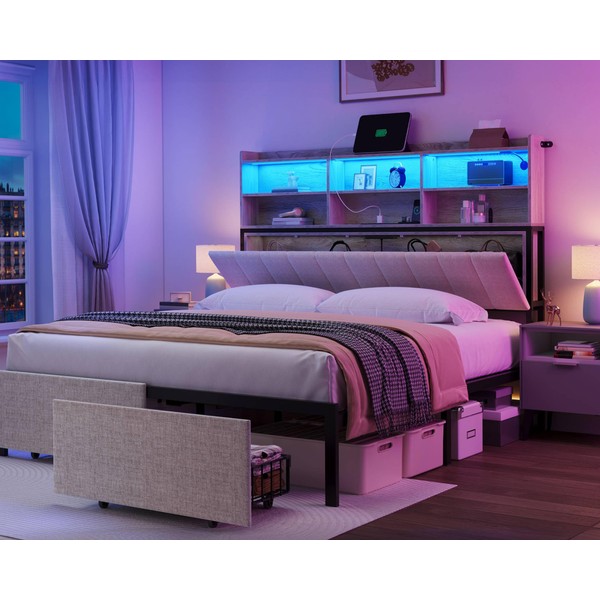 YITAHOME Queen Bed Frame with 2-Tier Storage Shelves and Bookcase