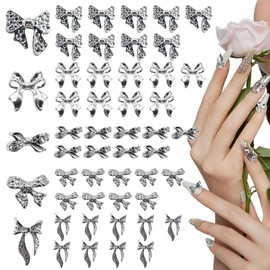50PCS Bow Nail Charms,3D Alloy Bow Nail Charms Silver Bowknots Charms for Nails for DIY Acrylic Nails Shiny Nail Art Jewels for Women Girls