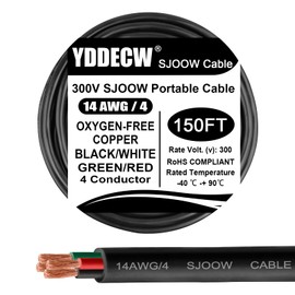 150ft 14/4 14 AWG Portable Power Cable (4 Conductor) - SJOOW 300V 14 Gauge Electric Wire for Motor Leads, Portable Lights, Battery Chargers and Machinery - 4 Conductor - 150 Feet Electrical Cord