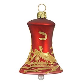 Jingle Bells Lauscha Christmas Tree Decoration Bell Red Matt with Golden Winter Landscape Set of 4 in Box