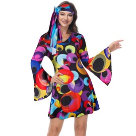 Lehauya 70s Outfits for Women: Disco Outfit Woman V-Neck - Club Party Dress - Hippie Costume Colorful Circle X-Small