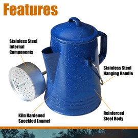 Grip Coffee Percolator (Blue) - Durable Glazed Enamel Steel - Prepare Coffee Over the Fire - Camping, Hiking, Backpacking, Fishing, Hunting - (8 Cups)