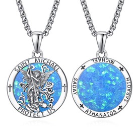 ADMETUS Blue Opal Saint Michael Pendant Sterling Silver Saint Michael Necklace for Men Blue Opal St Michael Archangel Pendant Necklace Protection Jewelry Religious Gifts