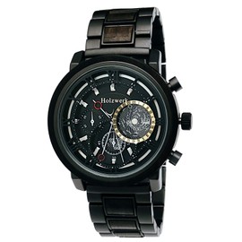 Holzwerk Germany Handmade Designer Men's Watch Eco Natural Wood Watch Chronograph Bracelet Watch Analogue Quartz Watch Brown Black Roman Numerals Date Wooden Dial, Black / brown., Bracelet