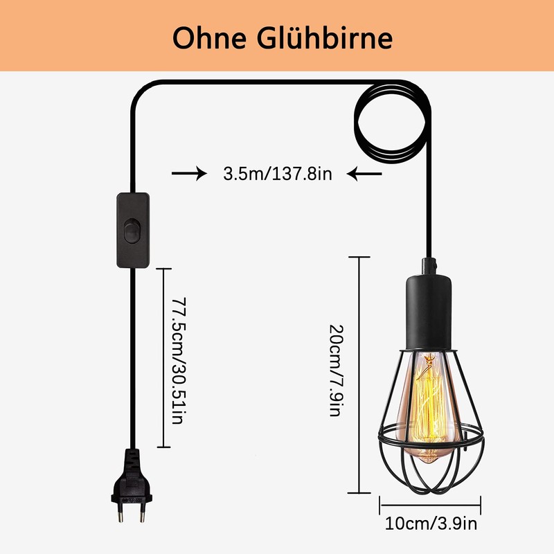 Industrial Lamp with Plug Metal Pendant Light Kit with Switch