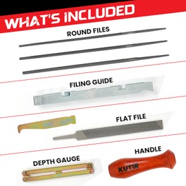 KUTIR Chainsaw Sharpener File Kit – 10 Pcs Chainsaw Sharpening Tool Set with 5/32", 3/16", 7/32" Round Files, 6" Flat File, Handle, Filing Guide, Quick Check Gauge, Bar Groove Cleaner & Travel Pouch