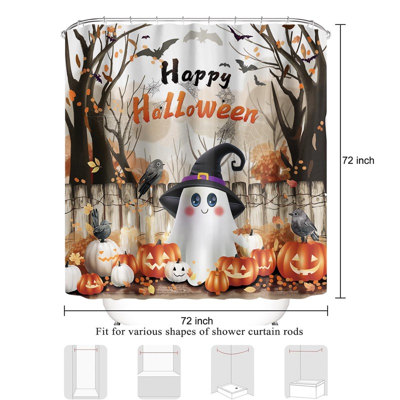 Aqrbeci Halloween Ghost Shower Curtain, Spooky Pumpkin Skull Bathroom Curtains