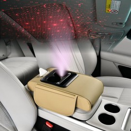 Car Armrest Pad with LED Starry Sky Light, Dual Type-C Charging Ports, Leather Console Cushion with Cup Holder, Tissue Holder (Type-C Charging & LED Starry Sky Light, Beige)