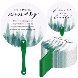 Teling 50 Pcs Funeral Favors Fans Memorial Paper Thick Paper Handheld Parlor Fans with Wooden Handle Hand for Funeral Services Condolence Sympathy Gift Supplies(Trees)