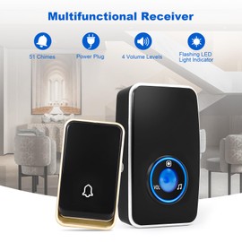 【No Battery Required】Wireless Doorbell Waterproof, AURTEC Door Chime Kit with 2 Plug-in LED Flash Receivers & 1 Press Self-powered Transmitter, 51 Chimes and 4 Volume Levels, Black