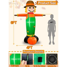 TURNMEON 6FT Tall Fall Inflatables Scarecrow Outdoor Decorations, Blow Up Fall Harvest Scarecrow with Pumpkin Yard Decorations Built-in LED Fall Autumn Harvest Thankgiving Decor Party Garden Lawn
