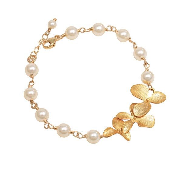 Orchid Flower Wire Wrapped Pearls Bracelet/Silver Rose Gold Orchid Pearl