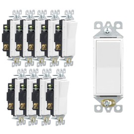 AIDA 3 Way Rocker Decorator Paddle Light Switch, Single Pole or Three Way, 3 Wire, Self-Grounding Screw, Residential Grade, 15A, UL Listed, Quick Push-in & Side Wired, White (10 Pack)