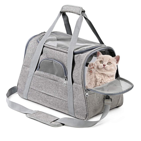 Vailge Pet Carrying Bag with Mat, Cat Carrying Bag, Breathable, Dog Carrier, 3-Way, Shoulder Bag, Compact, Handbag, Size M, Light Gray