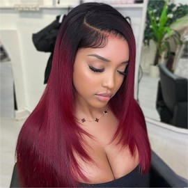 Emistar Ombre Burgundy Layered Straight Synthetic Lace Front Wig for Black Women 13x6 Lace Front Wigs Soft & Natural as Human Hair Pre Plucked with Baby Hair Long Straight Synthetic Wig 22 Inch