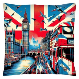 The Beach Stop Pop Art Union Jack London Themed Accent Cushion Cover | UK Flag Home Decor Inspo | Colourful Gift Idea for Men Women and Kids | 45x45cm 18x18” | Abstract London