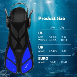 Adjustable Snorkel Fins - Open Heel Swim Flippers, Short Blade, Travel Size for Snorkeling, Diving, Swimming - Perfect for Adults, Men, Women (Blue, S/M)