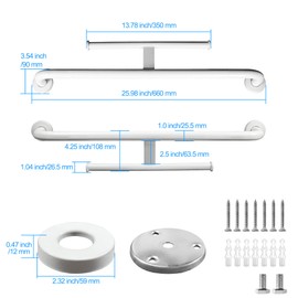 Rackickyer Handicap Grab Bar with Toilet Paper Roll Holder, 2-in-1 Safety Assist Bar Support Handle 24 Inch, White Stainless Steel Wall Mounted Bathroom Toilet Grab Bar for Senior Elderly