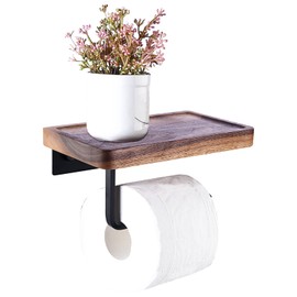 Wood Toilet Paper Holder with Shelf, Toilet Paper Holder Wall Mount, Toilet Tissue Roll Holder, Tissue Holder with Phone Shelf for Bathroom Washroom Kitchen