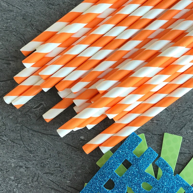 Stripe Paper Straws - Party Supply - Orange White -
