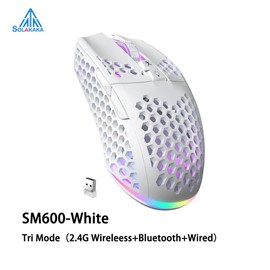 Solakaka SM600 Wireless RGB Esports Gaming Mouse,Tri-Mode Connection 2.4G/BT5.0/USB Wired Mode Switching Gaming Mouse, Compatible with Bluetooth Connection Ergonomic Mouse, RGB Backlit PC Gaming Mouse, Office Desktop Laptop PC Accessories - Color: White