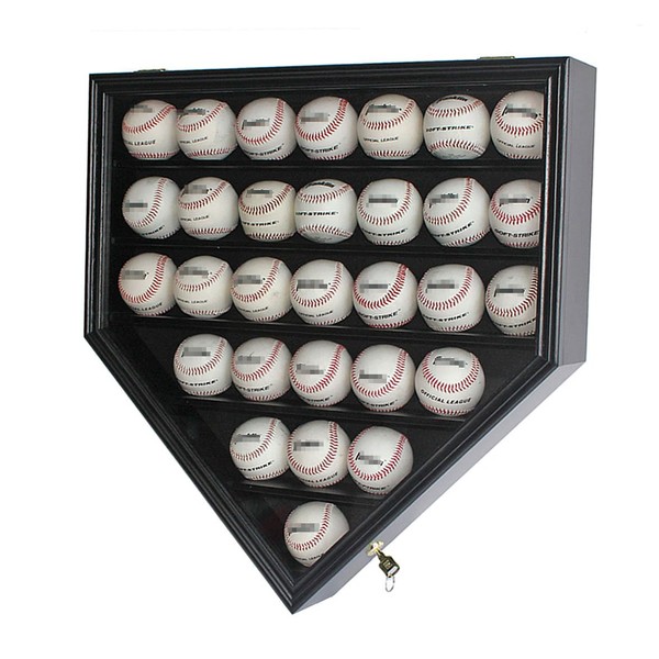 30 Baseball Display Case Cabinet Holder Rack Home Plate Shaped w/ UV Protection- Lockable B30H-BL