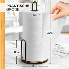 HIKITCHEN® Steel Stand Kitchen Roll Holder with Bamboo Base - Kitchen Roll Holder (Black)
