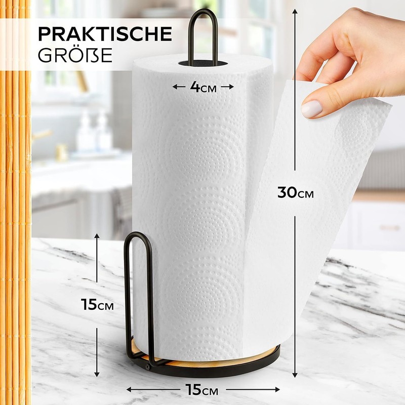 HIKITCHEN® Steel Stand Kitchen Roll Holder with Bamboo Base -