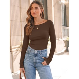 Trendy Queen Womens Long Sleeve Shirts Ribbed Underscrub Tops Boat Neck Basic Tees Fall Fashion Clothes 2025 Brown L