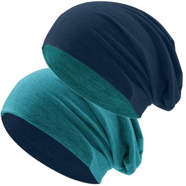 Hatstar® Classic winter women's beanie hat, men's jersey long beanie, winter hat, unisex, light and soft, Two-coloured | Bicolour petrol-navy, m-l